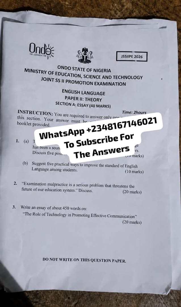 2026 Ondo State SS2 Joint Promotion Exam Expo Questions And Answers