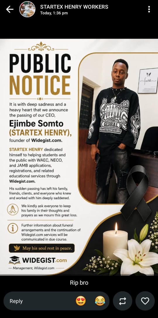STARTEX HENRY (Somto Samuel Ejimbe) Founder Of Widegist.com & CEO Of STAR TEAM SEALED Dies At 30 Years